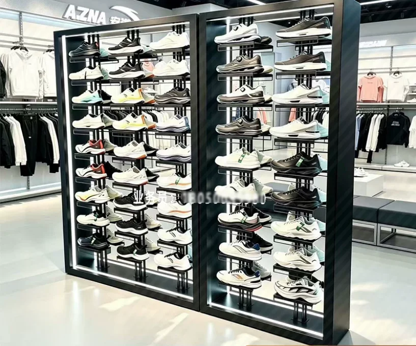 Shoe store shoe rack sports shoe shelf column cabinet display rack against the wall elevated luminous  rack double