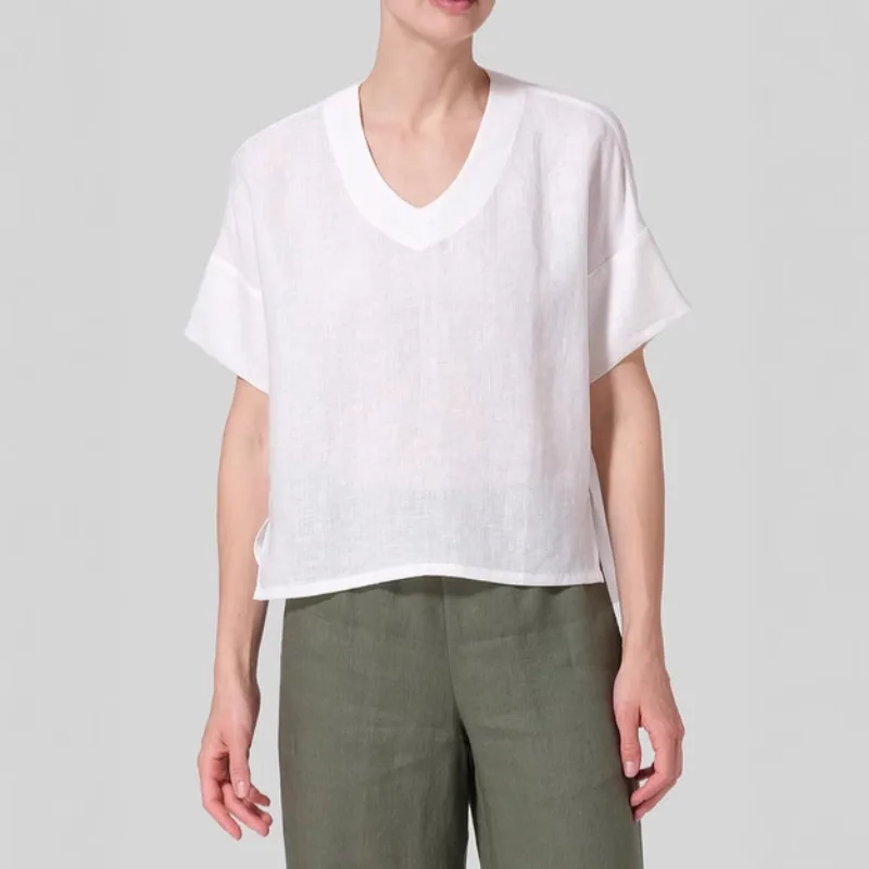 

2025 Summer New Loose Casual Short Sleeve V Neck Shirt Dress Side Slit Women Top