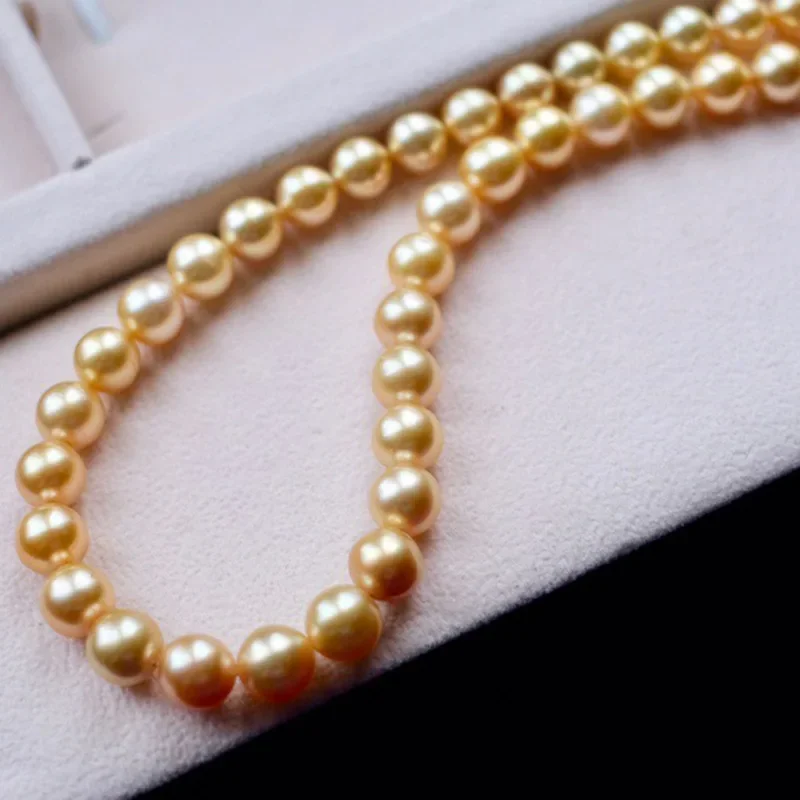 Fine Jewelry Pearl Necklace Natural Sea 9-10mm Round Golden High Quality Necklaces for Women's Gift 925 Sterling Silver Jewelry