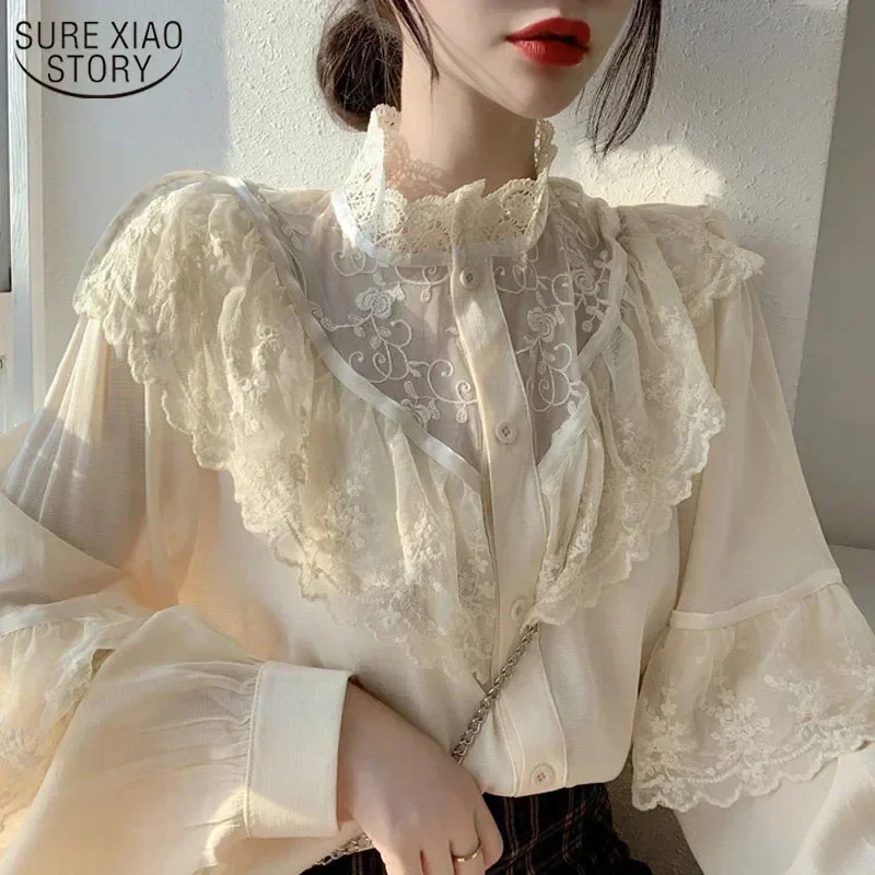 Spring Lace Loose Long Sleeve Elegant Korean Women Blouse Solid Color Casual Stand Collar Button Fashion Lady Clothes 11335