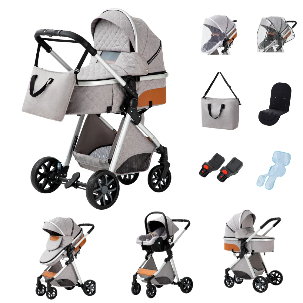 3-in-1 Babywandelwagen, vierwielige kinderwagen, hoge ligging met muskietennet, opvouwbaar, schokbestendig, vierwielige kinderwagen