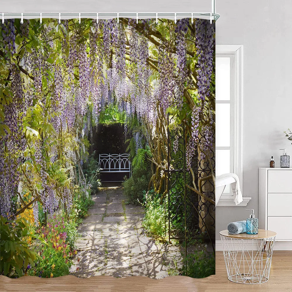

Садовая душевая занавеска с зелеными листьями, декоративный шторка из полиэстера для ванной с изображением арочных дверей, растений, природного ландшафта