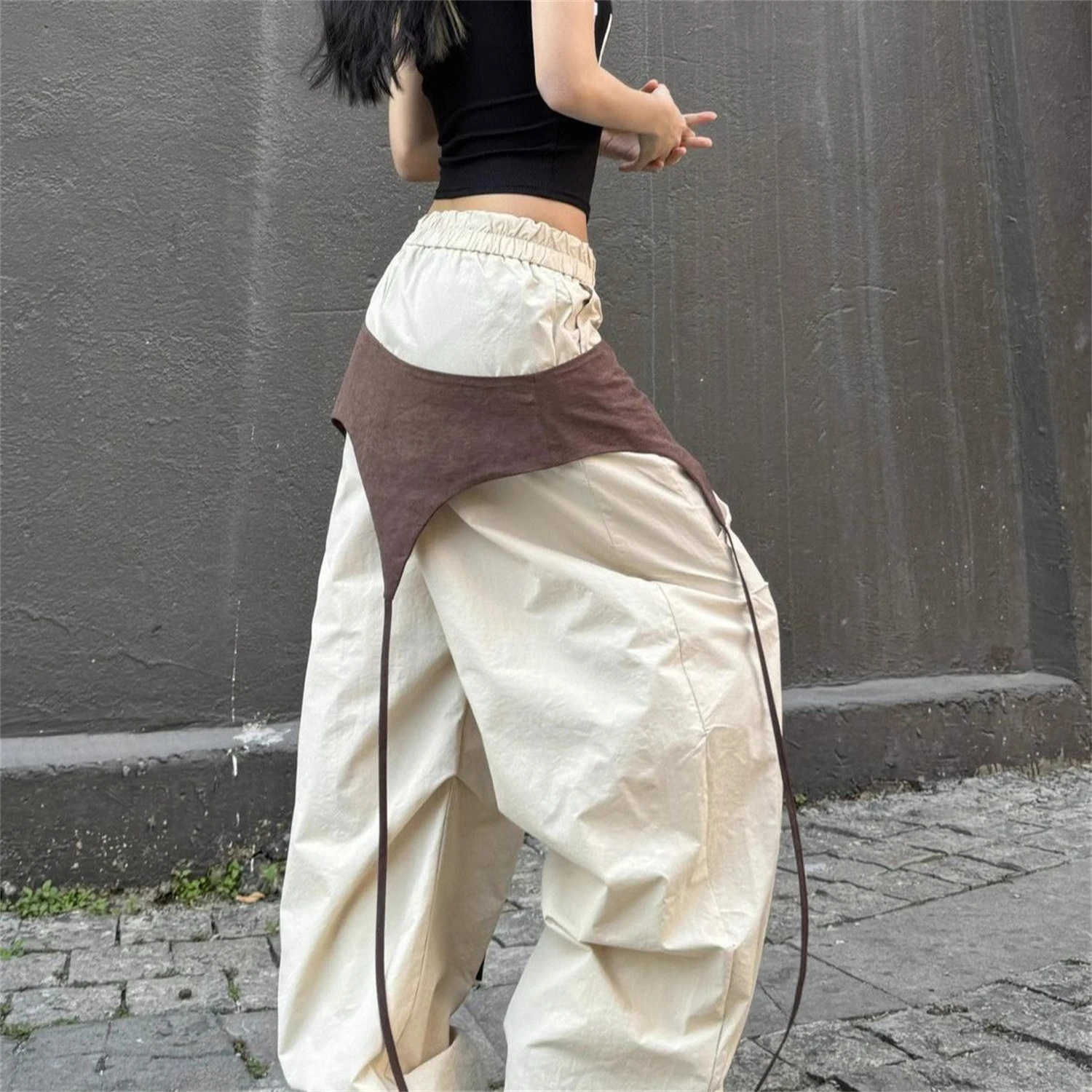 Women's Neutral Tone Wide Leg Pants New Fashion Letter Print Asymmetric Patchwork High Waist Loose Casual Streetwear Trousers