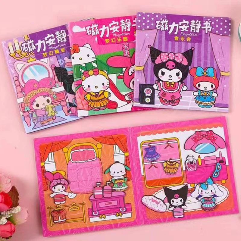 4Pcs Mymelody Kuromi Cinnamoroll Quiet Book Anime Sanrio Handmade DIY Magnetic Stickers Cartoon Kawaii Children's Puzzle Toys