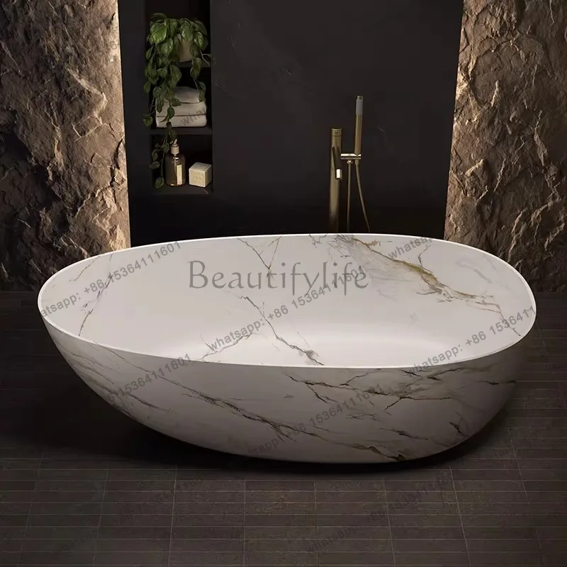 Any Size Custom Freestanding Artificial Stone Bathtub Natural Marble Texture One Piece