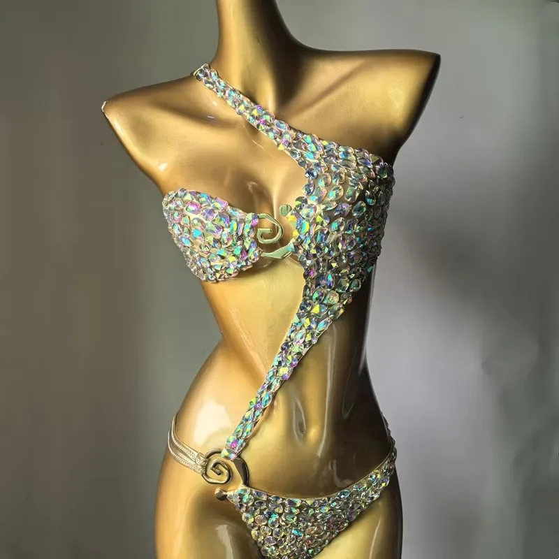 Women's Rhinestone Bikini One Piece Swimsuit Black/Pink Crystal Beach Swimwear for Nightclub Bar DJ Pole Dance Stage Costume