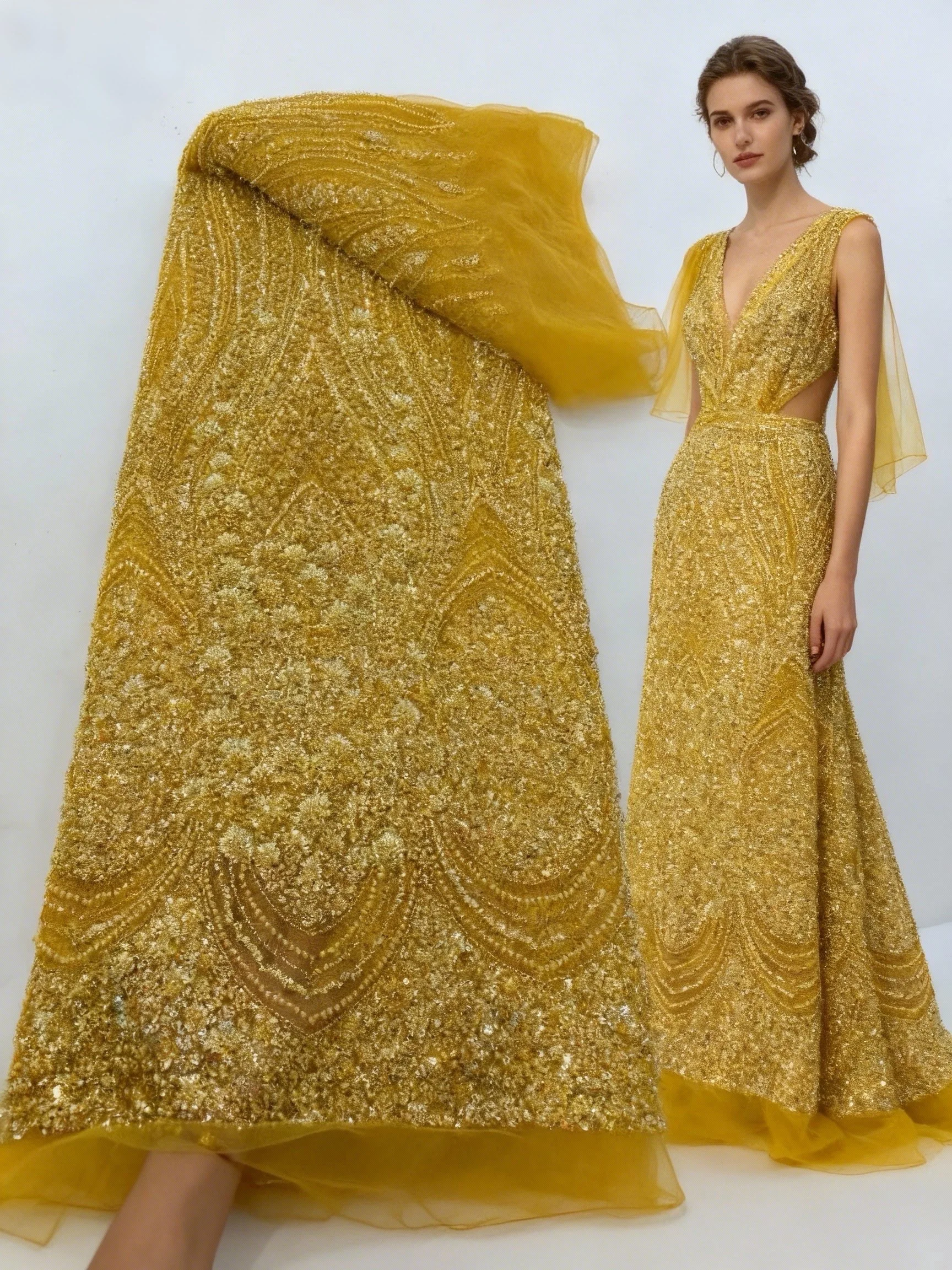 الذهب أحدث أفريقيا المطرزة تول صافي النسيج خط شكل الخرز 2025 جودة عالية فاخرة الترتر صافي الدانتيل فستان الحفلات المسائية #1