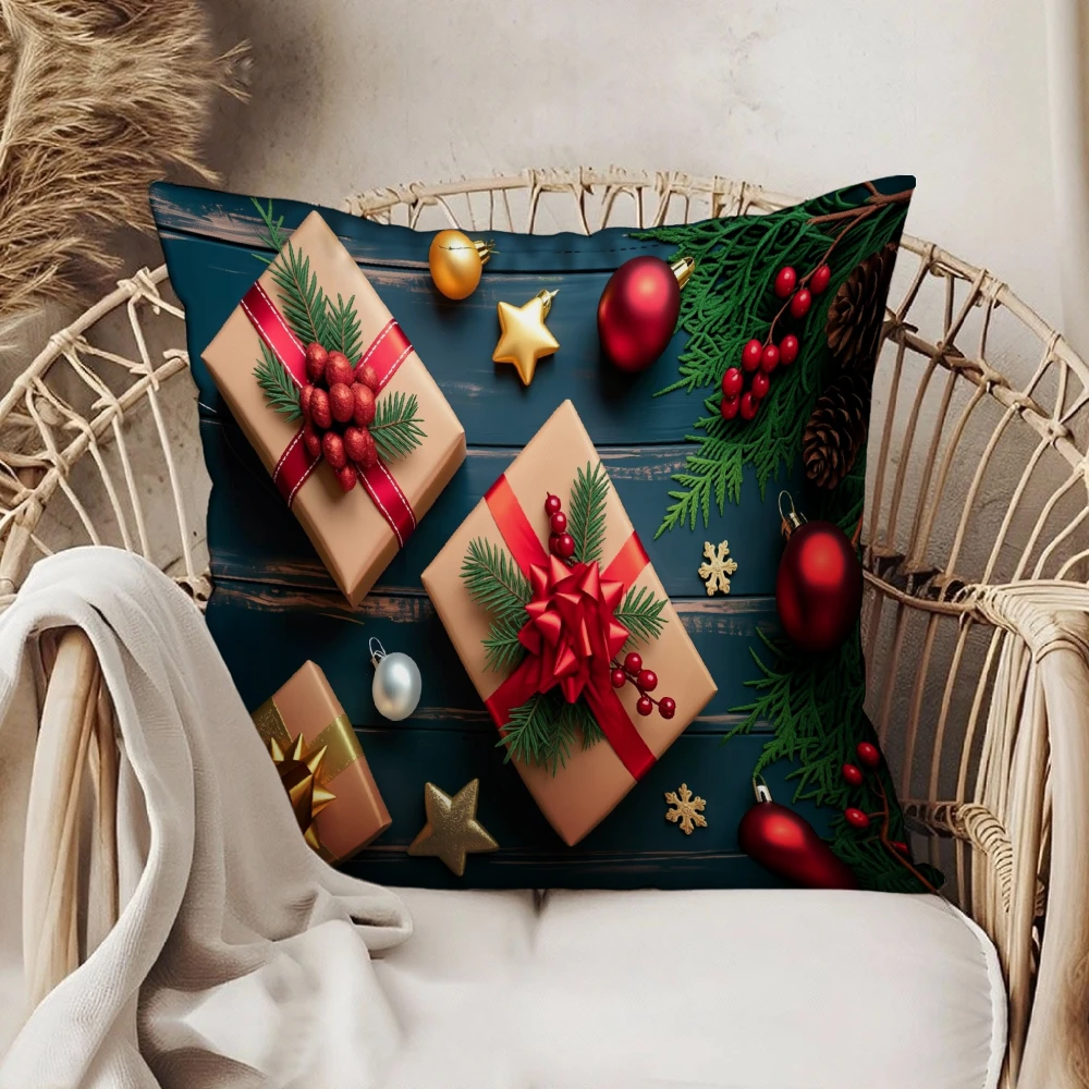 Square Throw Pillow Case Dark Blue Christmas Gift Boxes Red Ribbon Pine Branches Ornaments Decor For Living Room Sofa Chair