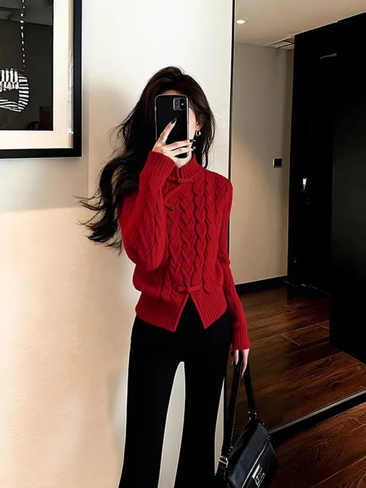 

Красный свитер с высоким воротником и узором косы, женский, приталенный, модный, зимний, новинка 2026 года, китайский Новый год, свитер из кашемира