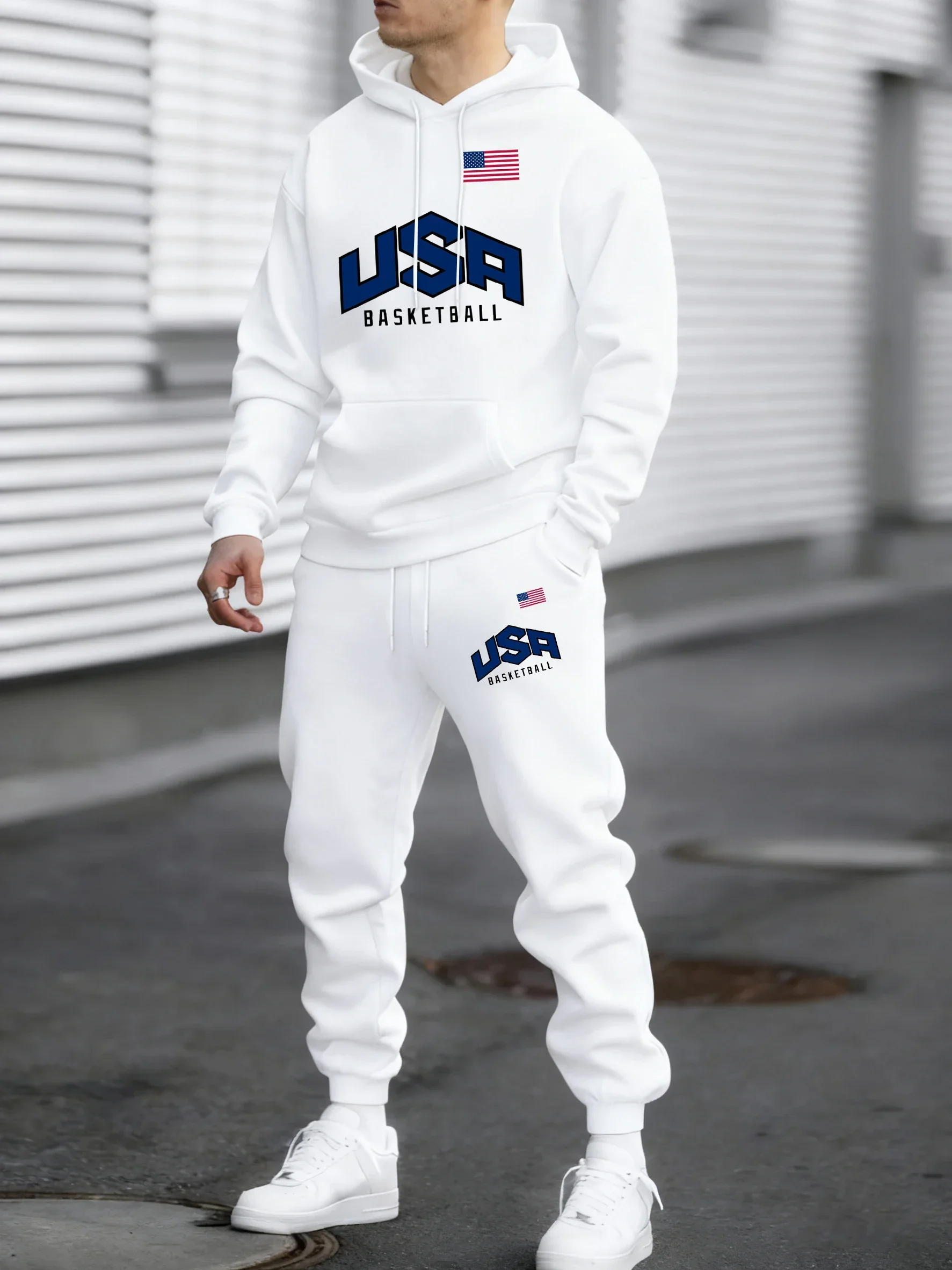 Pull imprimé américain pour hommes, ensemble décontracté rétro ample, pantalon chaud en polaire et vêtements de style basique