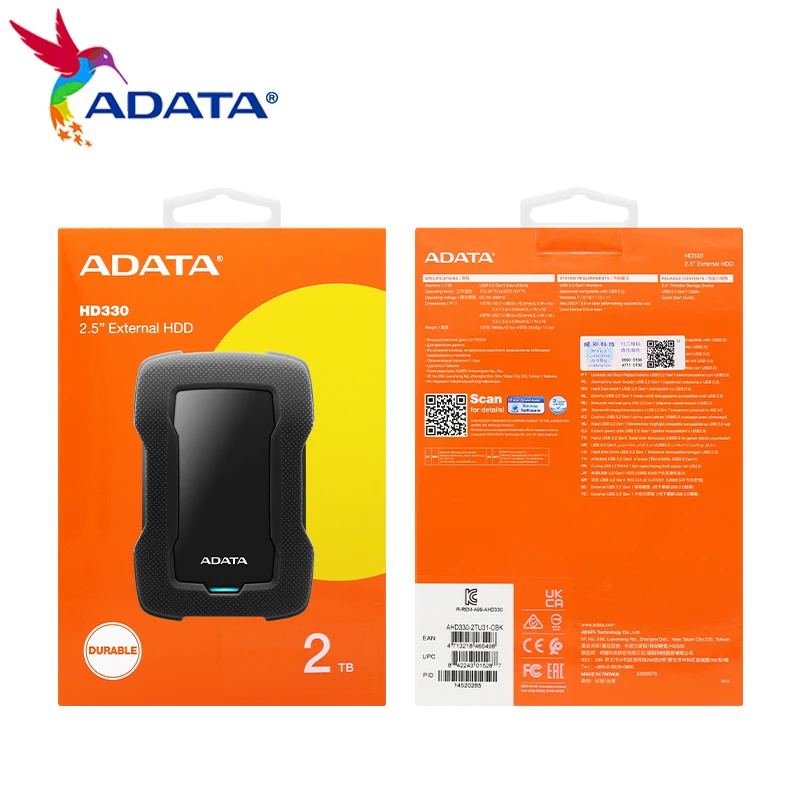 ADATA-disco duro HD330, unidad de estado sólido portátil, USB 3,2, 1TB, 2TB, cifrado, azul, rojo, RGB, resistente al agua, HDD para escritorio, WIN10 / Mac