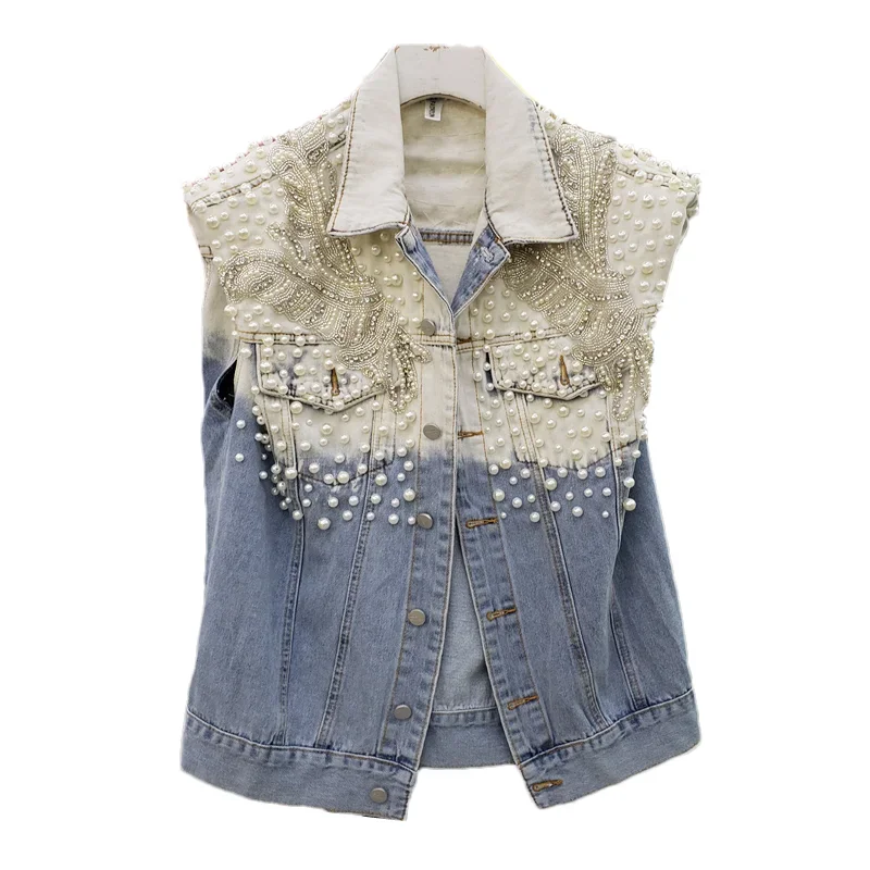 

Autumn Beading Diamonds Pocket Denim Vest Women Loose Short Cowboy Waistcoat Fashion Contrast Color Sleeveless Jeans Vest Female