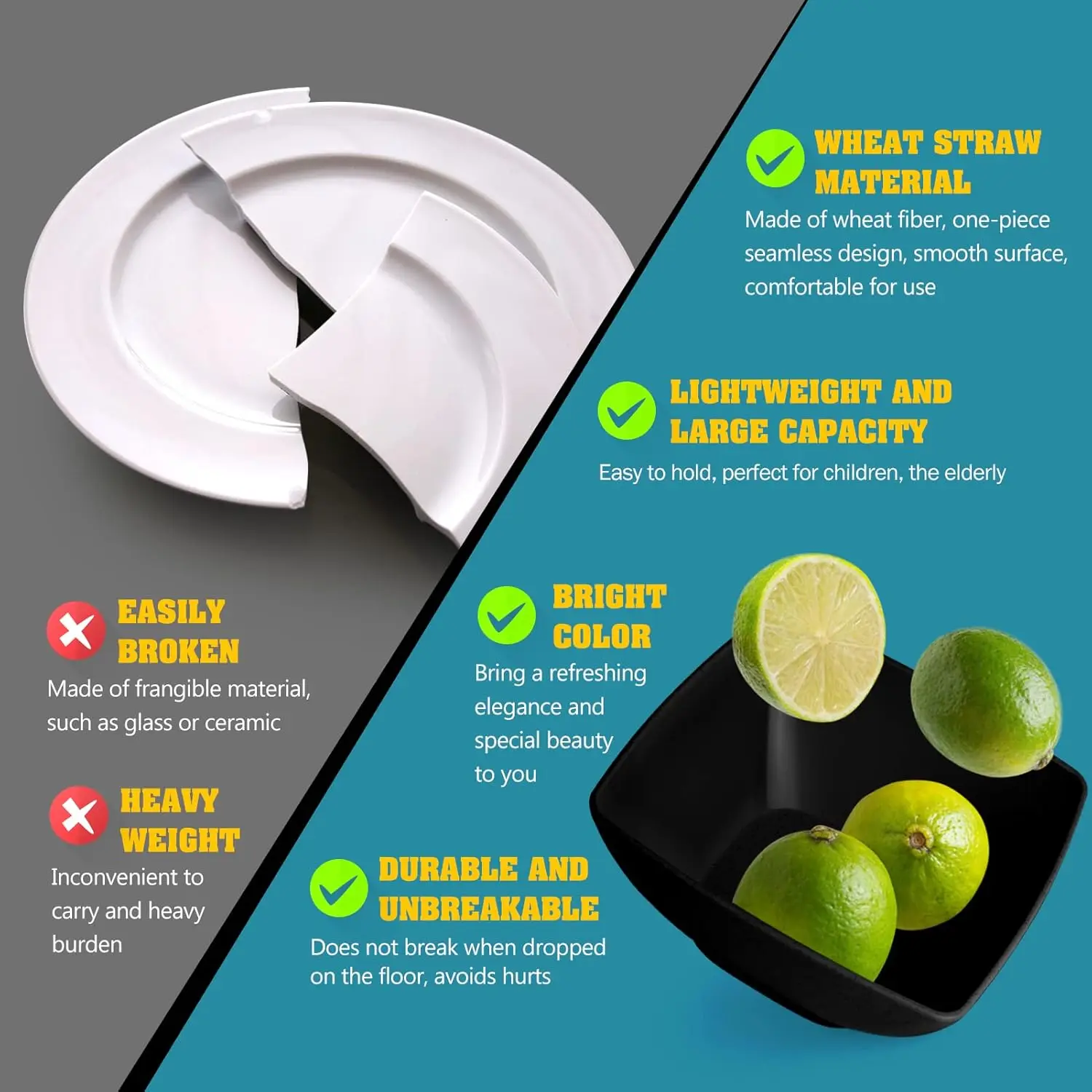 طقم أواني طعام مربعة من قش القمح البلاستيكي للمطبخ مكون من 56 قطعة مكون من 8 قطع، أطباق عشاء غير قابلة للكسر، أوعية للوجبات الخفيفة، أكواب