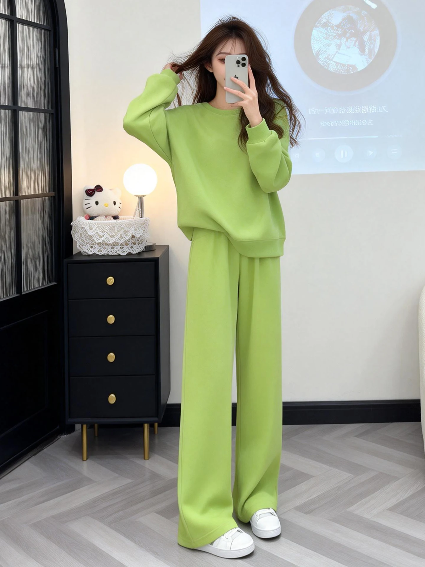

Korean Style Fashionable round Neck Color Hoodie Pants Women's Spring Autumn New Whole Set Casual Loose Fit High Waist