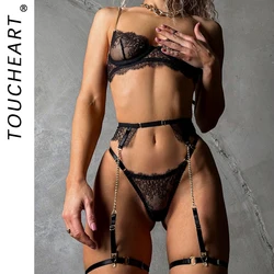 Toucheart Sexy Lingerie Lace Metal Chain With Garter Belt Set Bodysuit Women Perspective Underwear Porn Lace Sleepwear Set New