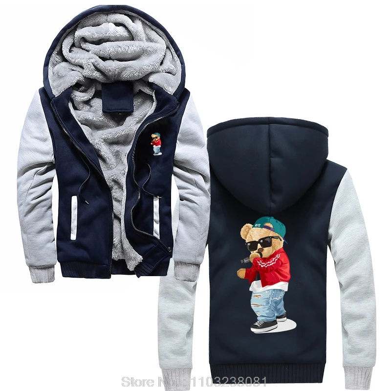 Fashion Korean Male Hoodie Trend Bear Printing Men Clothes Cotton Hoody Casual Jacket Zip Up Hoodies Tops Men's Winter Coats