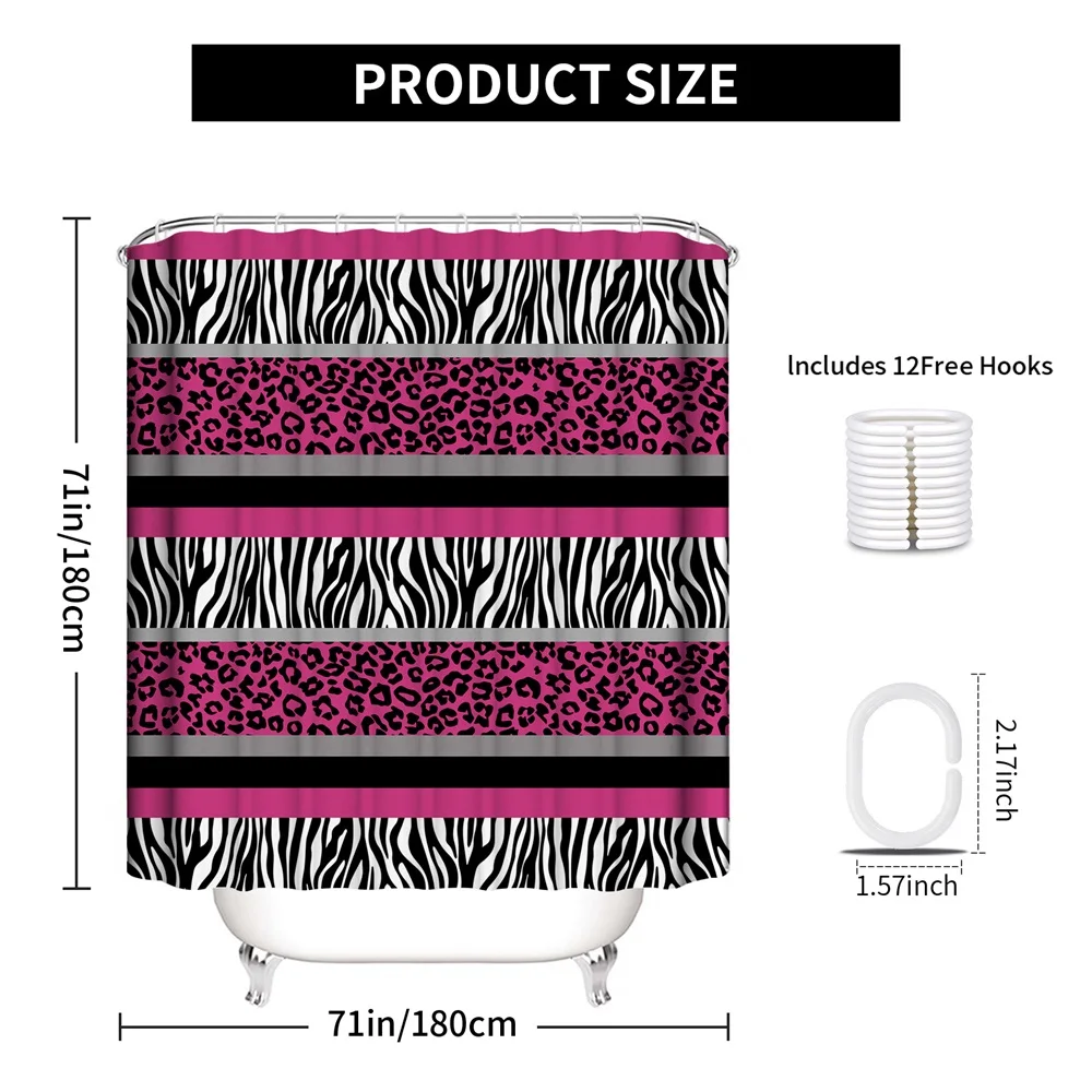 1PC, pink leopard print zebra print sandwich, modern home bathroom waterproof shower curtain with 12 plastic hooks, 71in*71in