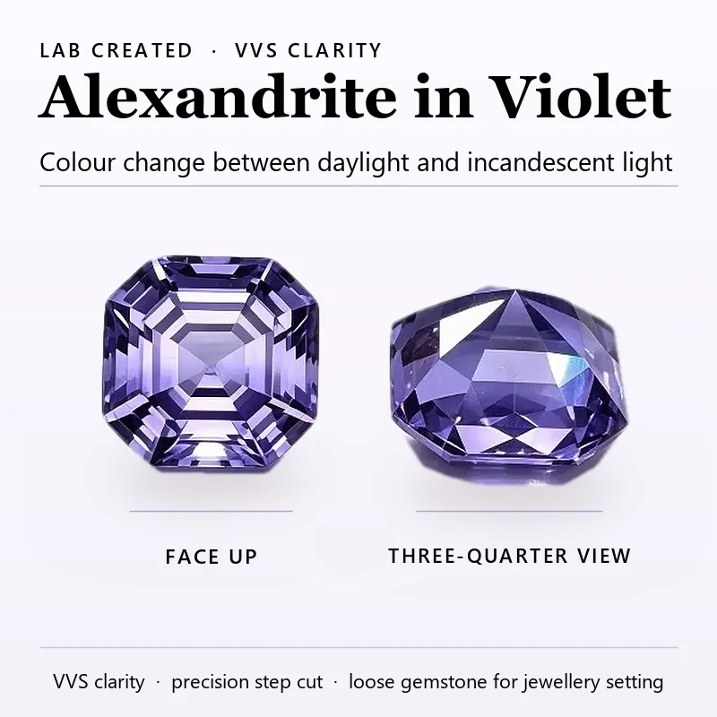Lab Grown Alexandrite Asscher Cut Violet Color Changing Gemstone VVS Optional Certificate 5x5-9x9mm