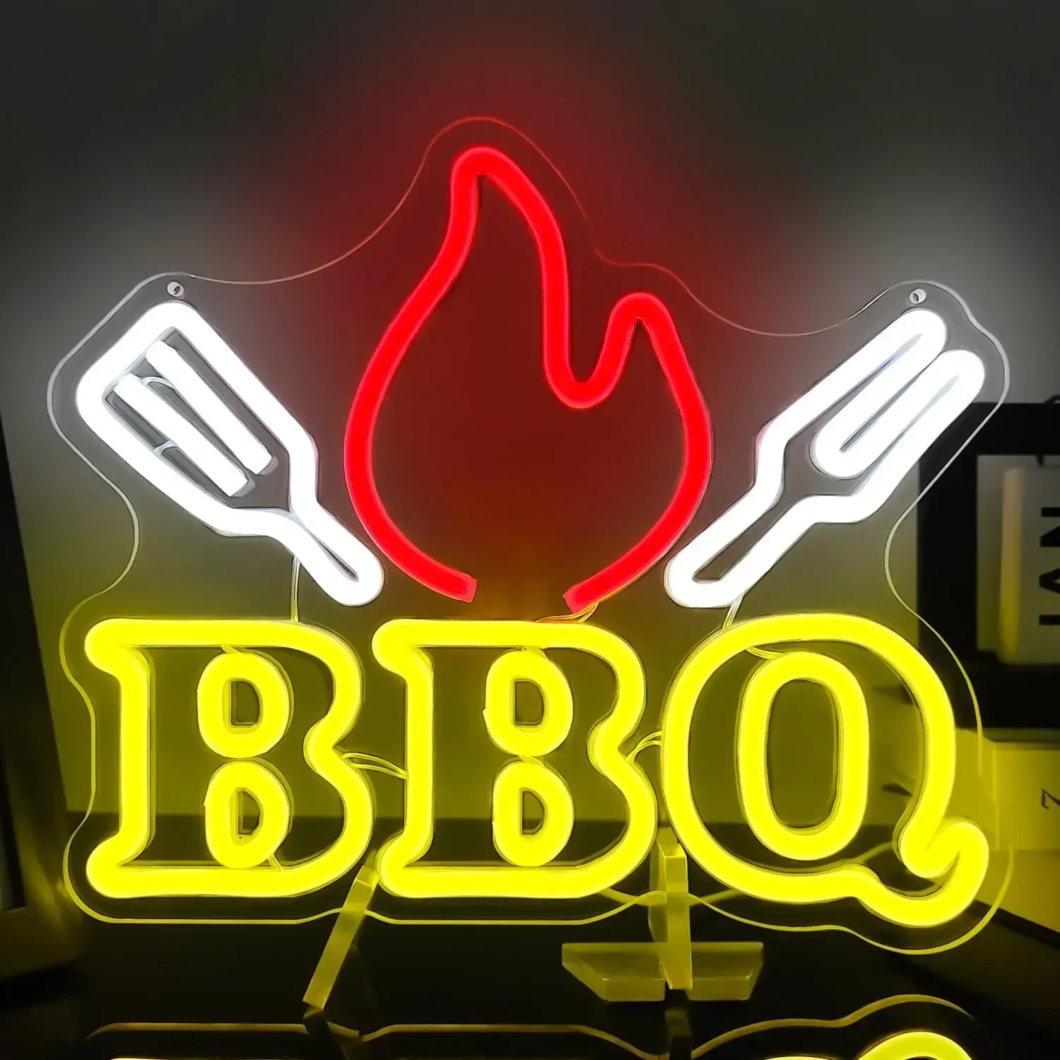 

BBQ Grill Neon Light Sign Dimmable Flame Fork Spoon Neon Sign for Backyard Patio Restaurant Decor Summer Party Grill Lover Gifts