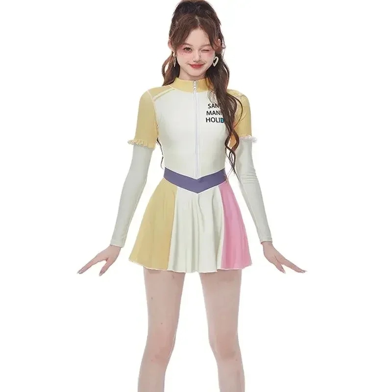 Cute Long Sleeve Rash Guard Women Patchwork One Piece Swimsuit Dress Zipper Swimwear Surfing Suit High Neck Diving Clothes
