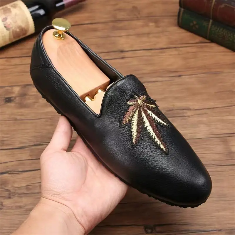 

Pure Handmade Master Crafted Genuine Leather Slip-On Men's Boat Shoes, Soft-Sole Casual Lazy Shoes, Embroidered Trendy Shoes