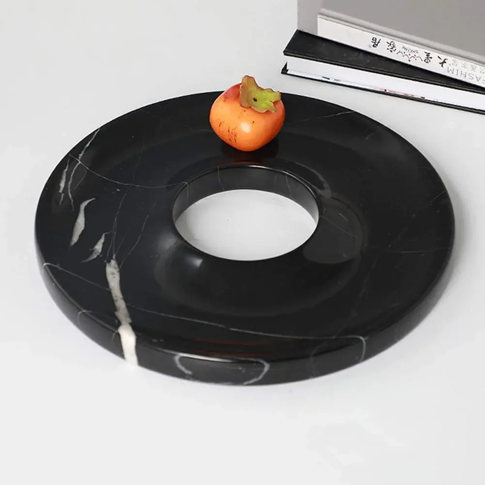 1pc D30x2.5CM Natural Marble Stone Fruit Candy Cookies Dish Pastry Serving Jewelry Watch Tray Black Marquina Home Decoration