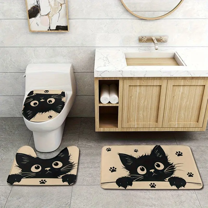 VIKAMA 3Pcs Black Cat Bathroom Mat Set Cute Kitten Paw Print Washable Non‑Slip Toilet Lid Cover U‑Shaped Bath Rug Home Decor