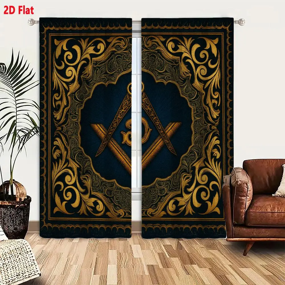 2Pcs Curtains Add 2D Flat Square And Compasses Masonic Symbol Gold On Deep Blue Background With Ornate Baroque Border Window Dra