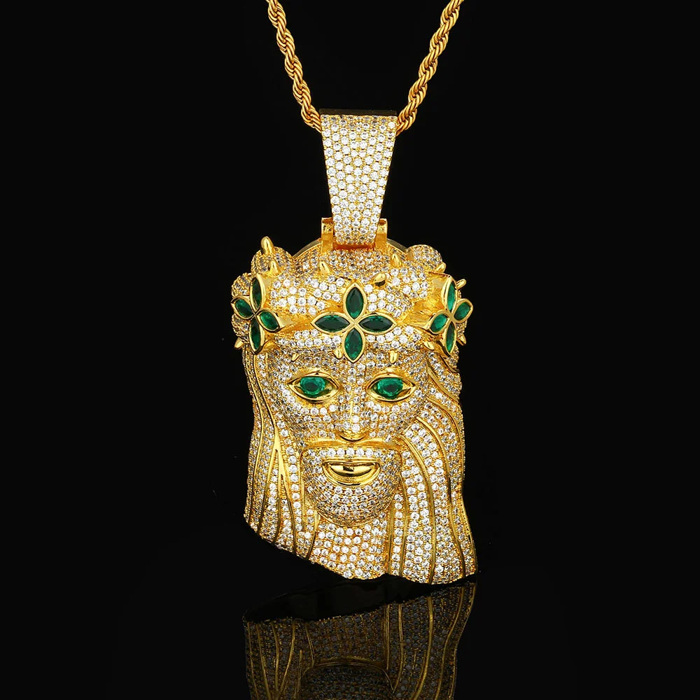 Anztilam Bling Zircon Eye Jesus Iced Out Pendant with Long Link Rope Chain Necklaces for Women Men Brass Hip Hop Jewelry