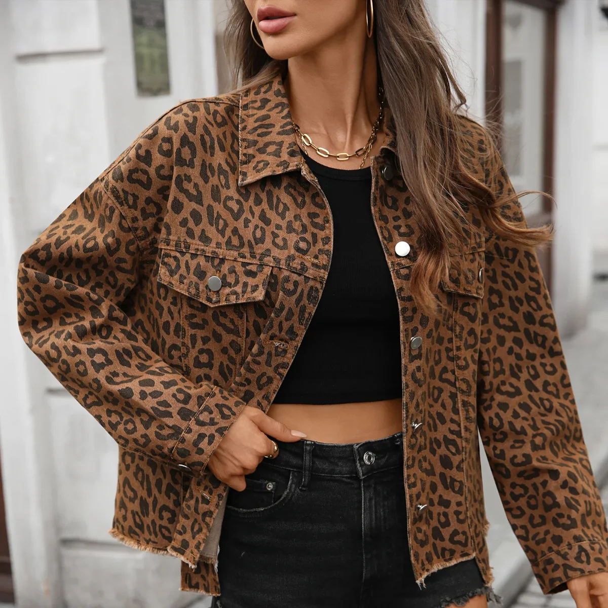 

Autumn Women Denim Jacket Coat Leopard Print Vintage Washed Female Outerwear Pockets Single Breasted Turn Down Collar Streetwear