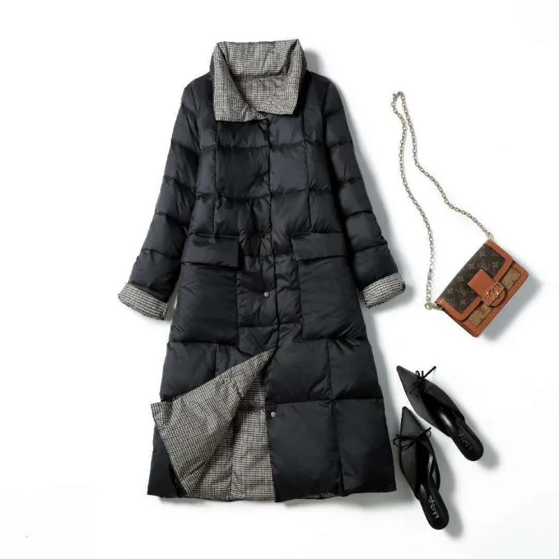 Women's Winter Top Coat Down Jacket White Duck Down Reversible Medium Length Large Warm Thicken Retro Simple New Niche Versatile