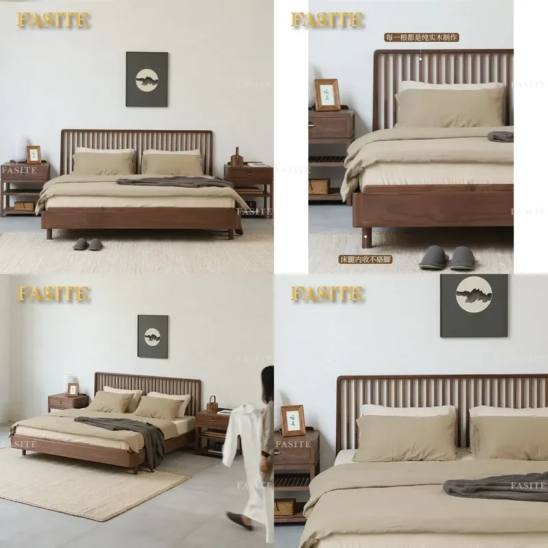 For 1.8m Double Bed Modern Simple New Chinese Style Black Walnut Solid Wood Master Bedroom Furniture Log Bed Frame Durable