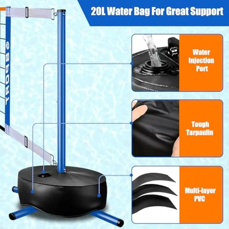 Portable Pool Volleyball Net System with Adjustable Length, Water-Filled Bases, and 2 Balls for Indoor/Outdoor Fun