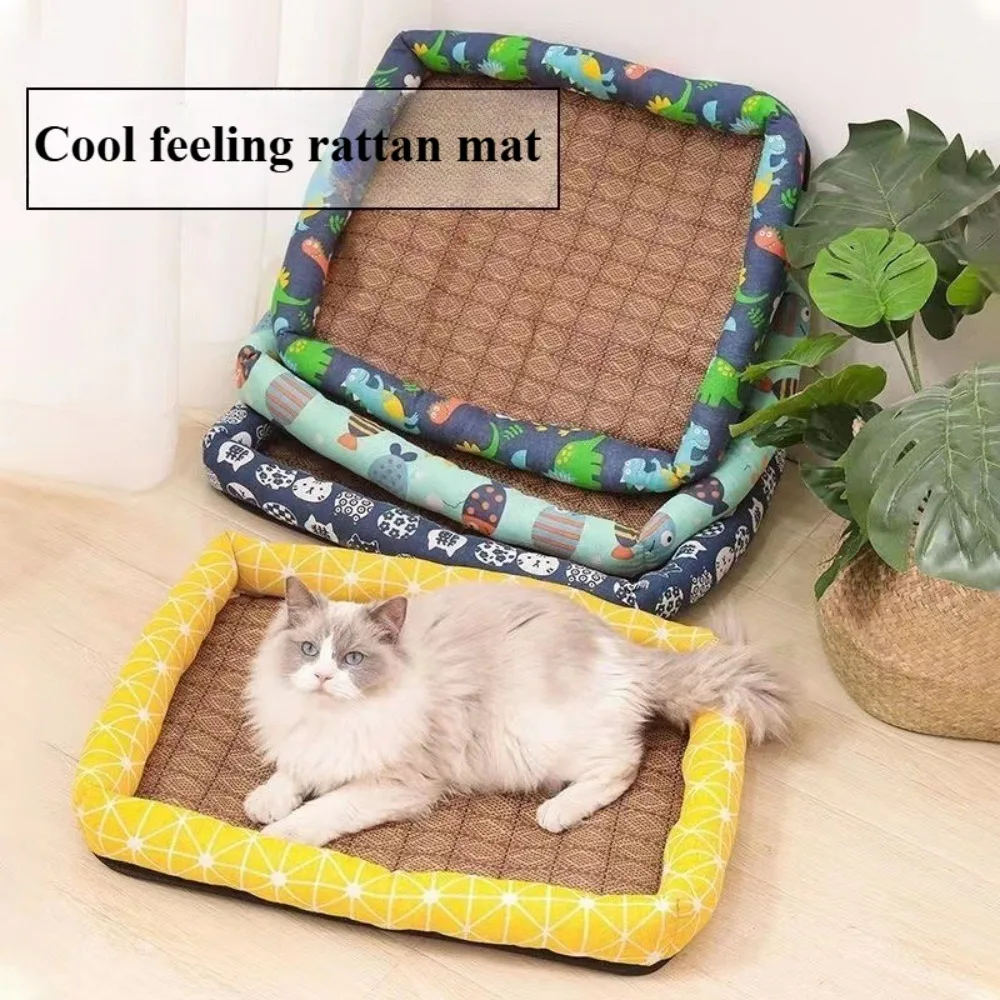 Cat Bad Linen Rattan Woven Cool Mat Pet Ice Pad Cartoon Teddy Bear Small Dog Bed Summer Cat Cooling Sleeping Pad for Winter