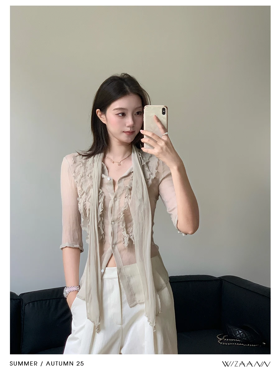 

Шелковый плиссированный топ WizAann: сексуальный, облегающий, с высокой талией, для путешествий и фотосессий, винтажный, для повседневной носки, с длинным рукавом, V-образный вырез