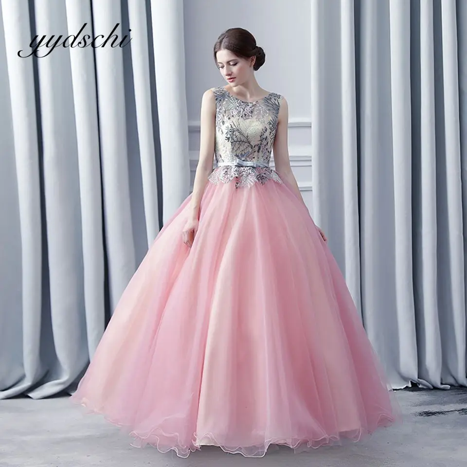 

Princess Tulle Appliques Prom Dresses 2022 Pink Lace Up Elegant O-Neck Formal Party Gown For Women Sweet Evening Dress Vestidos