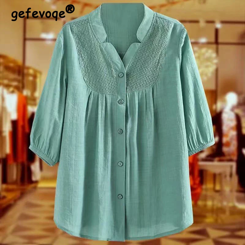 Women Vintage Cotton Linen Button Up Shirt Summer Simple Casual V Neck Half Sleeve Blouse Solid Loose Tops Blusa Mujer Moda 2023