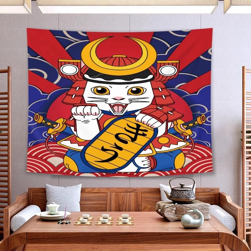 VIKAMA Japanese Koi Crane Tapestry Wall Hanging Lucky Cat Red Sun Fan Ukiyo E Wave Aesthetic Wall Art Bedroom Decor