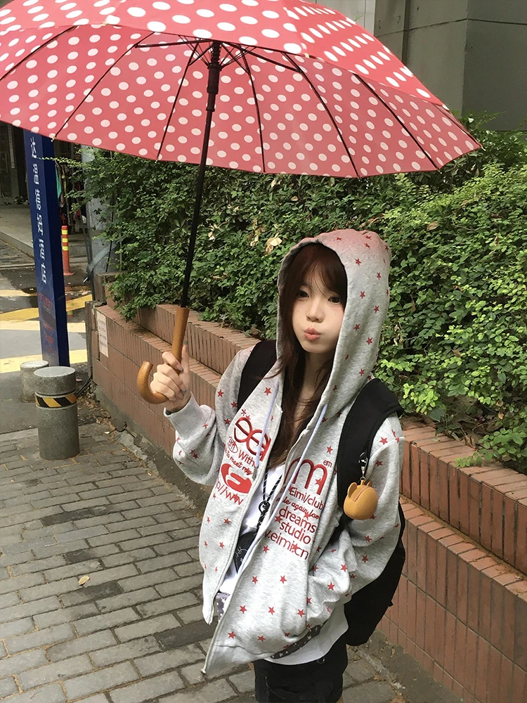 Suda con Capucha Bordada con Estampado de  Americana Retro, Cárdigan Hoado con Cremallera para Mujer, Prenda Ex...