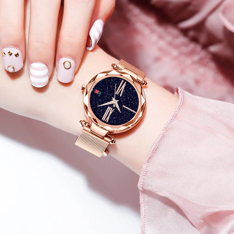 Luxury Rose Gold Women Watches Minimalism Starry Sky Magnet Buckle Fashion Casual Female Wristwatch Waterproof Roman Numeral