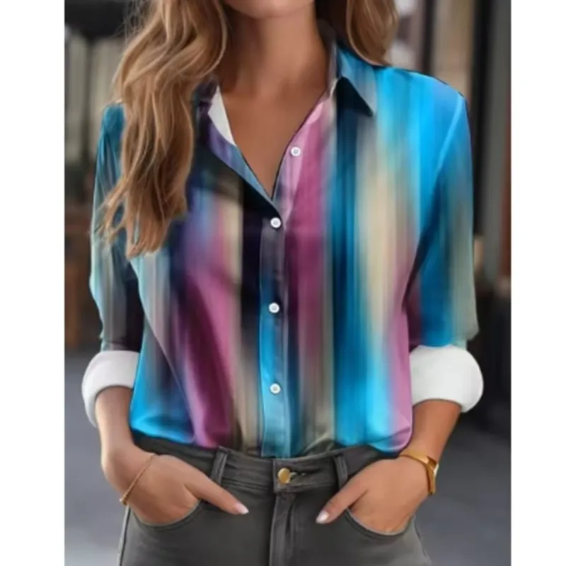 New elegant women's long sleeved shirt with mixed colors and colorful printed high-end feeling lapel button up shirt for womens