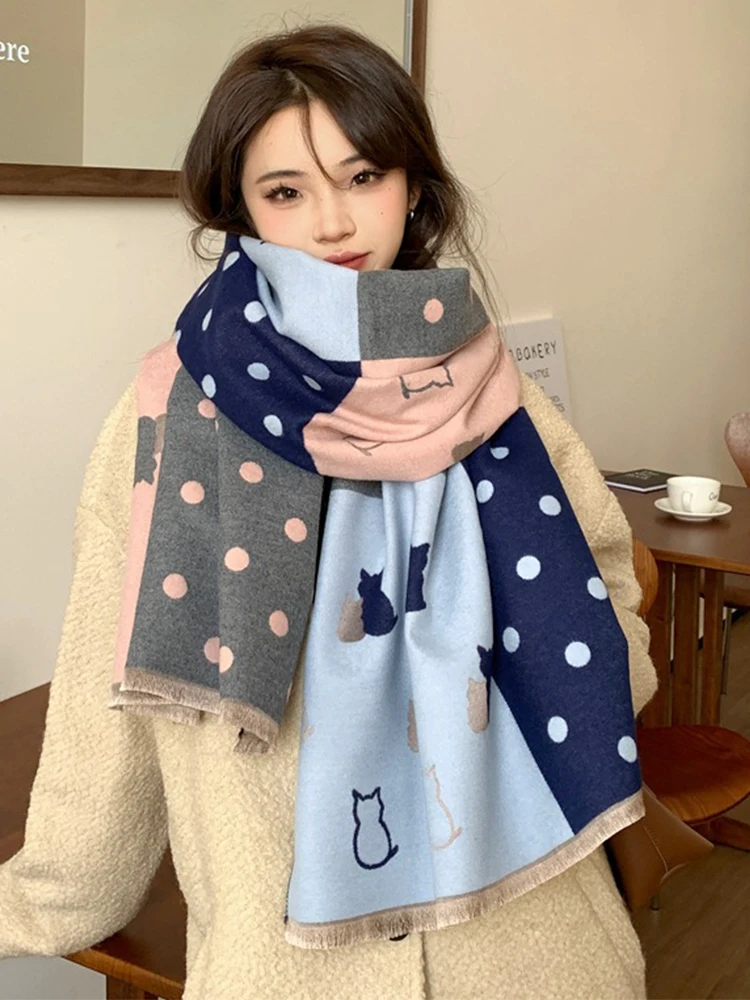 

New Imitation Cashmere Knitted Sweet Scarf Headscarf Winter Women Ladies Men Preppy Dot Print Scarve Pashmina Mujer Pareo Shawl