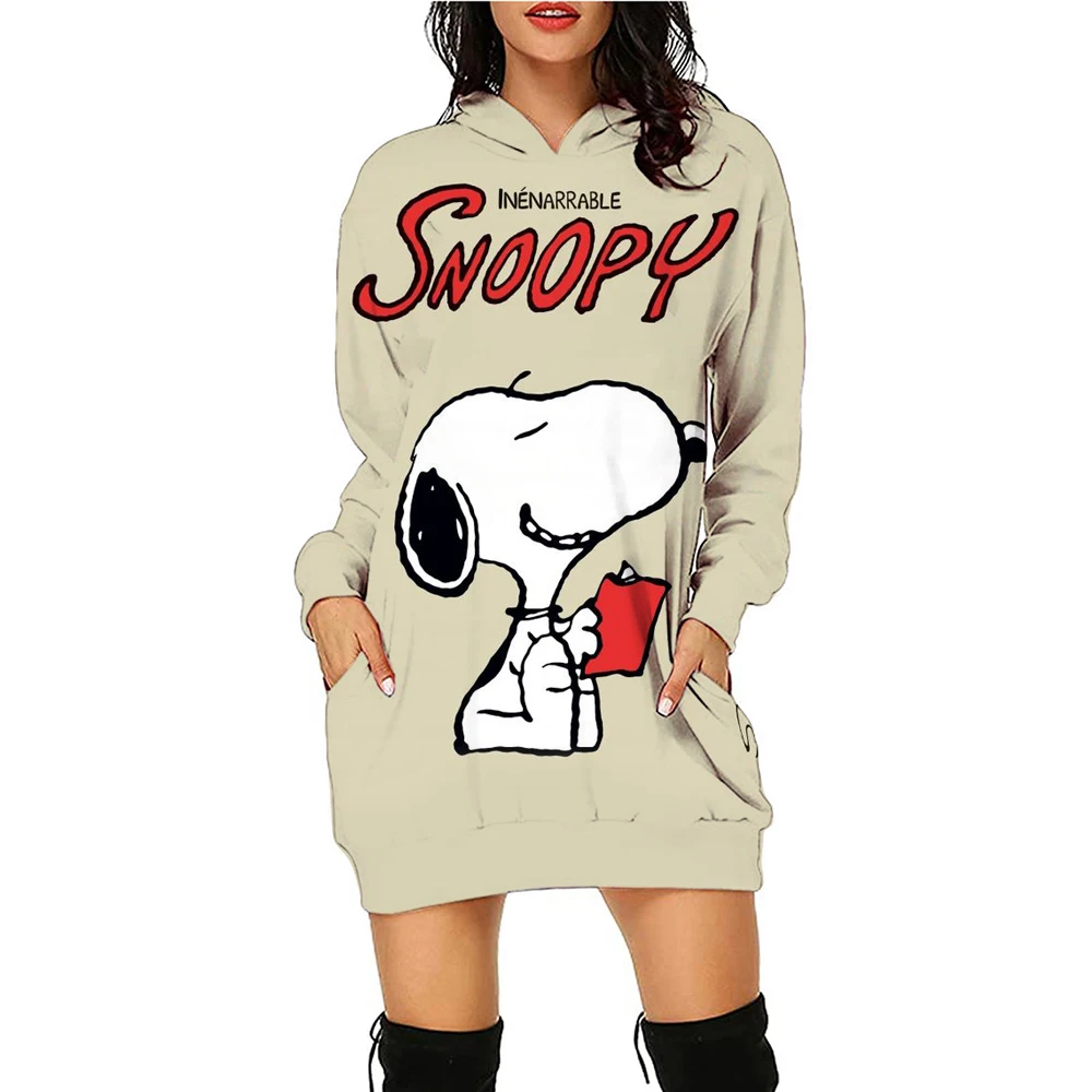 Autumn and Winter Women\'s Snoopy Cute Print Disney Christmas Series Ladies Fashion Hoodie Dress Casual Long Sleeve Dress