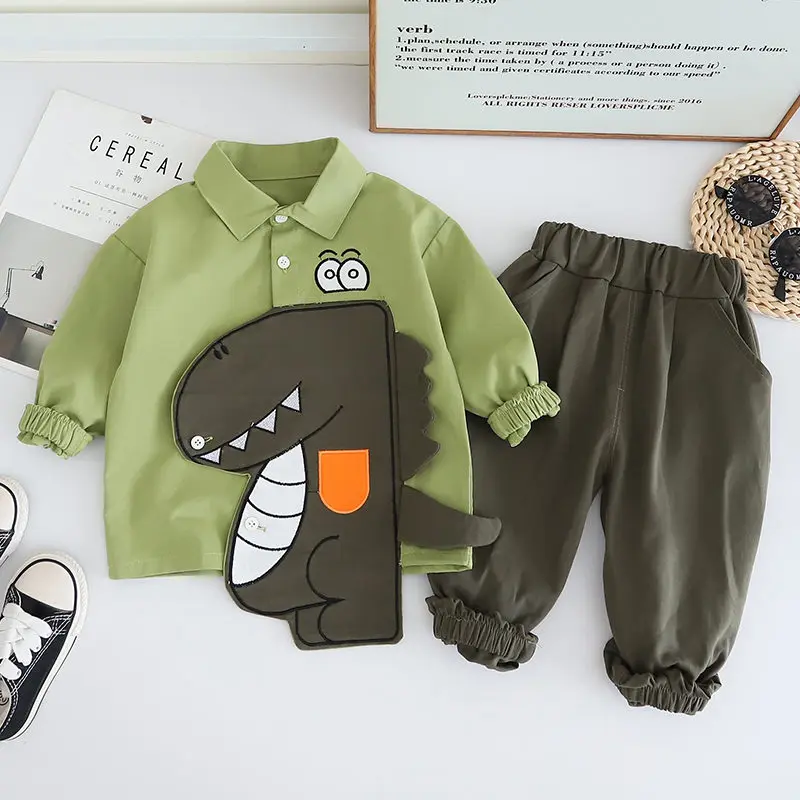New Spring Kids Clothes Kids Cotton Sport Patchwork Dinosaur Baby Shirt Jeans 2Pcs/Set Children Boys Casual Suit 1 2 3 4 5 Years