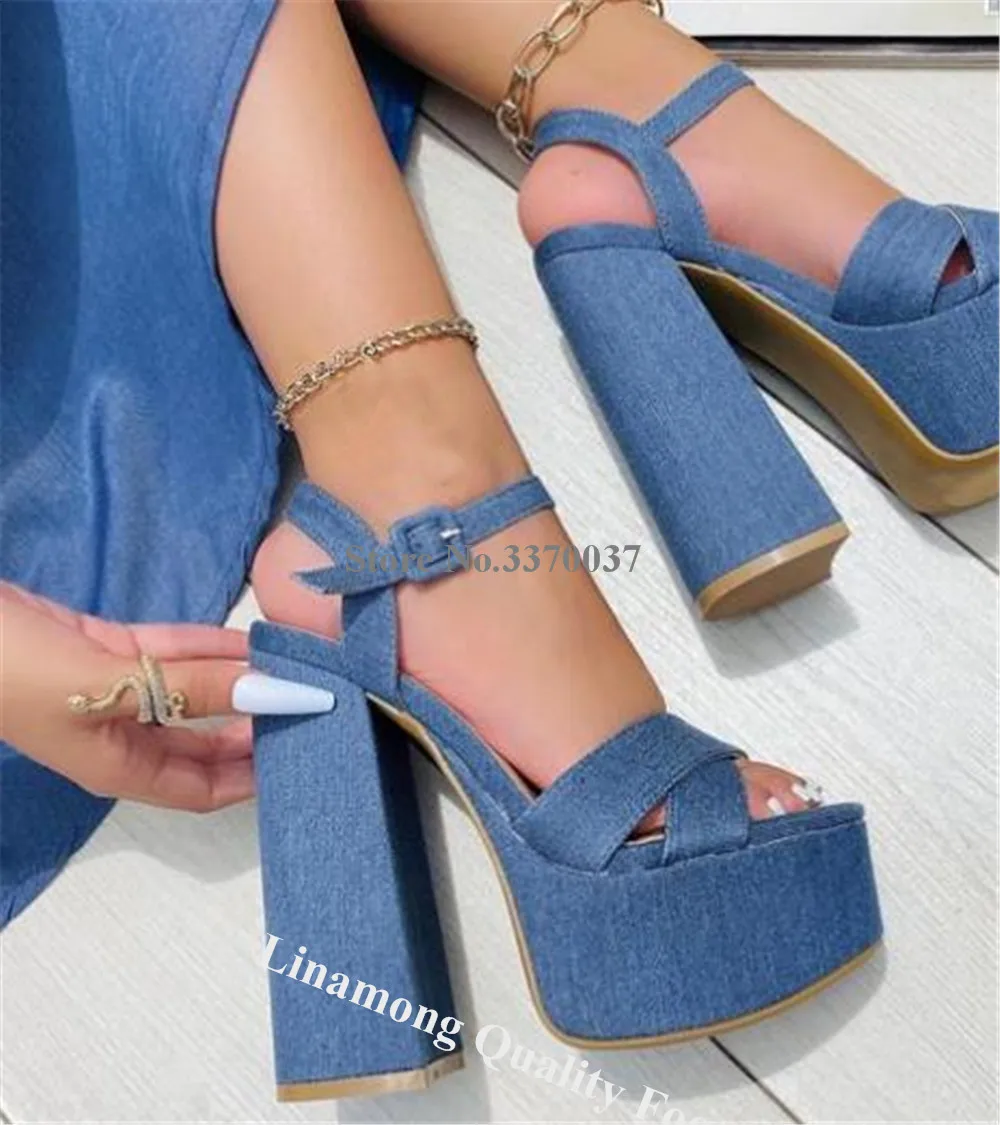 Linamong Denim High Platform Chunky Heel Sandals Fashion Open Toe Ankle Straps Block Heel Jean Dress Shoes Party Pumps