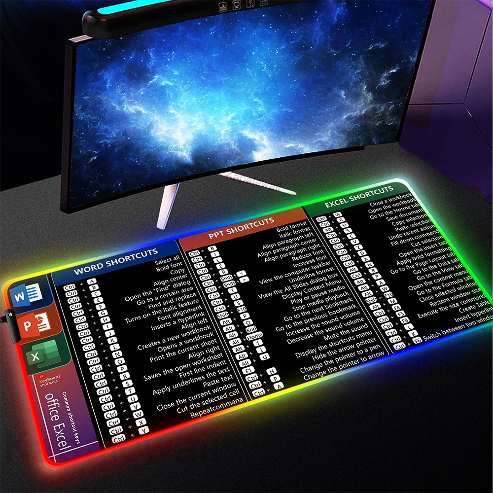 

RGB Office Shortcuts Mouse Pad Large LED Extended WPS Software Gaming Desk Keyboard Mats Colorful Mousepad with Stitched Edge