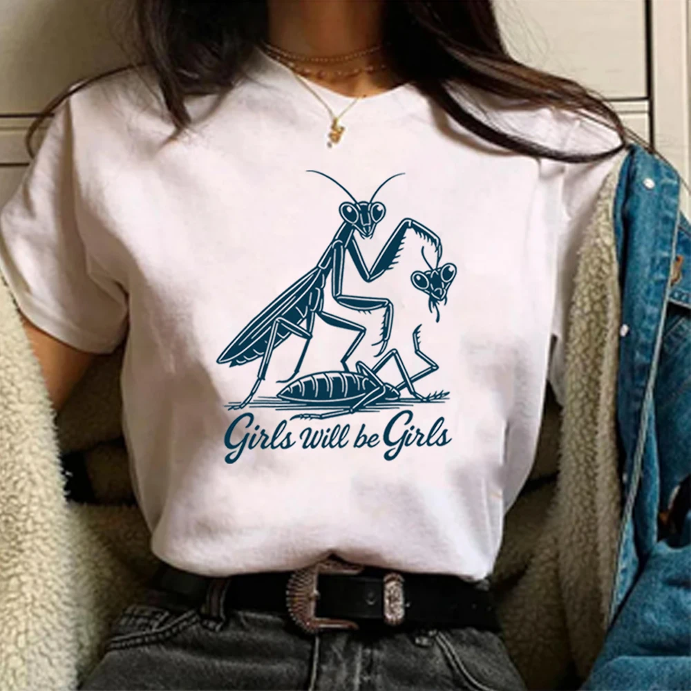 

Girls Will Be Girls Mantis T-shirt Praying Mantis Holding Head Shirt Feminist Tshirt Humor Art Shirts Women Short Sleeves Tops