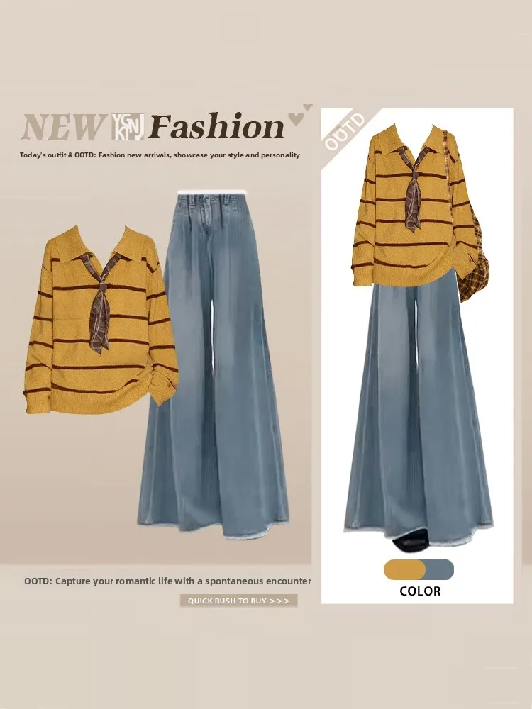 Faionable Winter Outfit Women's Striped Knit Sweater Wide Leg Jeans Set Commute Friendly Sle Long Sve Long Pants