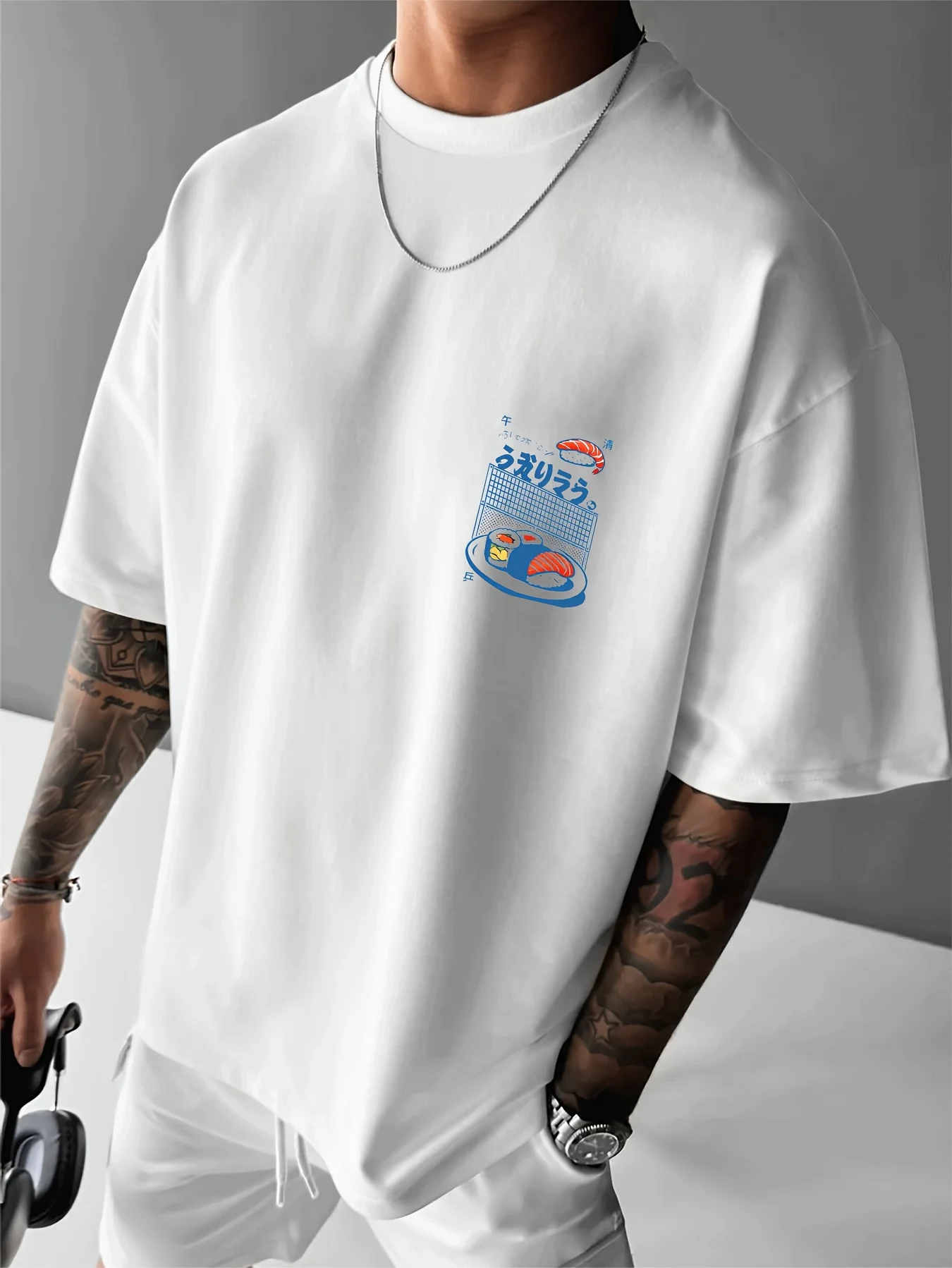 Retro Tokyo Comic Panel with Blue Monochrome Sushi and Street Art Print 100% Cotton Men's T-shirt Summer Casual Streetwear Style