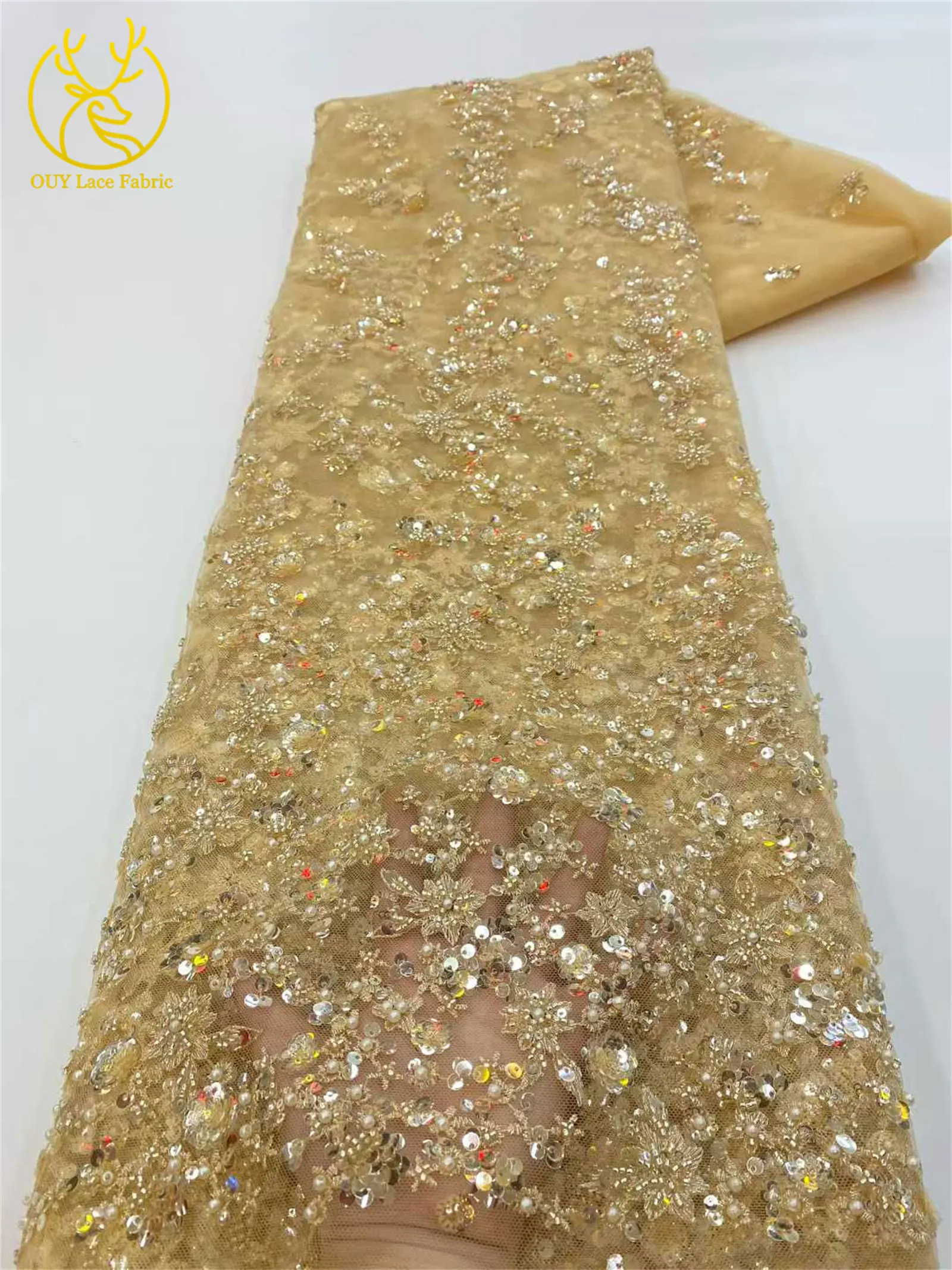 2026 New African Groom Embroidered Beaded Lace Fabric Nigerian French Sequin Lace Fabric for Bridal Wedding Party Dresses